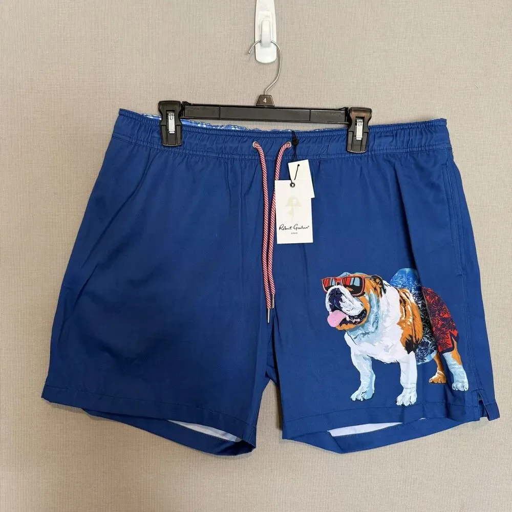 Robert Graham True Blue ‘Bulldog w/Shades’ Swim Trunks Men’s Extra Large NWT $98